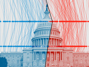 Editorial illustration of the US Capitol building split between blue Democratic and red Republican halves with overlaid data lines and dots representing political division.