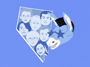 Editorial illustration showing caricatures of Democratic presidential candidates inside the outline of Nevada, alongside a Democratic Party donkey symbol.