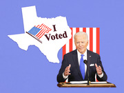 Editorial illustration showing a silhouette of Texas with an I Voted sticker alongside a photo collage of Joe Biden speaking at a podium in front of an American flag backdrop.