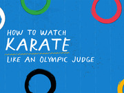 Decorative title card on a blue background with Olympic-colored rings reading How To Watch Karate Like An Olympic Judge