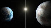Side-by-side space illustration comparing Earth on the left with an exoplanet on the right, with a star glowing in the center background.