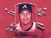 Editorial illustration of an Atlanta Braves baseball player framed in a Hall of Fame-style plaque with crossed bats, baseballs, and laurel leaves on a red background.
