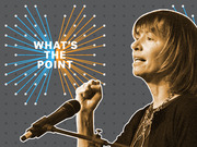 Stylized editorial graphic for FiveThirtyEight's What's The Point podcast featuring a woman speaking at a microphone with a starburst logo design.