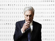 Editorial graphic showing Robert Mueller overlaid on a grid of numbered document page thumbnails representing the Mueller Report's 400+ pages.