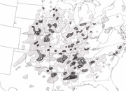 Hand-drawn style density or heat map of the central and eastern United States showing clustered shaded regions of varying intensity across states.