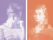 Two stylized halftone-grid portraits side by side, one tinted purple and one orange, depicting two different people in an editorial illustration style.