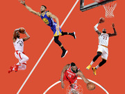 Editorial collage of four NBA players in action on an orange basketball court background, featuring players from the Raptors, Warriors, Rockets, and Cavaliers.