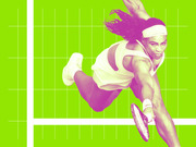 Stylized editorial illustration of a female tennis player in action, rendered in magenta duotone against a bright green grid background.