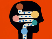 Editorial illustration of a human head silhouette containing a winding dotted path connecting five colored circles, suggesting mental pathways or decision-making.