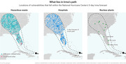 Three maps showing hazardous waste sites, hospitals, and nuclear plants that fall within the National Hurricane Center's 5-day forecast path of Hurricane Irma as of Sept. 8, 2017.