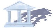 Editorial illustration of a classical columned building or courthouse casting a dramatic shadow, rendered in light blue watercolor style.