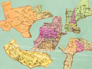 Collage of vintage antique US state maps scattered on a mint green background, showing Texas, California, Pennsylvania, Virginia, Maine, and other states.