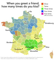Map of France showing how many times people kiss when greeting a friend, by département, with colors indicating once through five times.