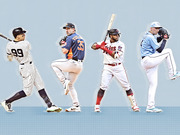 Editorial illustration showing four MLB baseball players in action poses representing different teams including Yankees, Astros, Twins, and Rays.