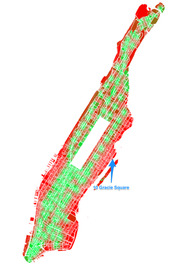 Color-coded map of Manhattan showing street-level data with a blue arrow pointing to 10 Gracie Square on the Upper East Side.