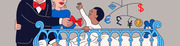 Editorial illustration of wealthy parents at a baby crib with a mobile featuring currency symbols including dollar, euro, pound, yen, and a diamond.