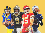 Editorial illustration of four NFL quarterbacks in their team uniforms against a yellow background, representing the Rams, Saints, Chiefs, and Patriots.