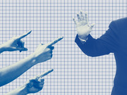 Blue-tinted editorial illustration of three hands pointing fingers at a suited figure raising a hand defensively, set against a grid background.