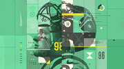 Stylized editorial collage of NFL football players in helmets overlaid with geometric shapes, numbers, and data-inspired design elements in green, black, and yellow.