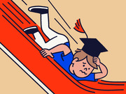 Editorial cartoon of a college graduate in cap and gown sliding down a steep red slope, looking distressed.