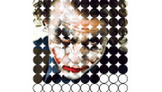Stylized dot-pattern illustration of a face with clown-like makeup, resembling the Joker character, rendered in a halftone or pointillist style.