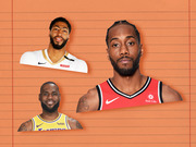 Editorial collage illustration of three NBA players in their team jerseys on an orange lined-paper background, featuring a Lakers player, a Pelicans player, and a Raptors player.