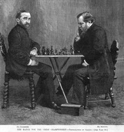 Victorian engraving of Mr. Zukertort and Mr. Steinitz seated at a chess table, captioned 'The Match for the Chess Championship, Photographed by Sarony.'