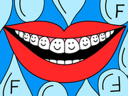 Colorful editorial illustration of a smiling mouth with braces, teeth featuring smiley faces, surrounded by coin-like shapes with the letter F on a blue background.