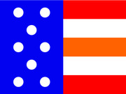 Abstract graphic combining a blue field with white dots resembling stars alongside red, white, and orange horizontal stripes, evoking an American flag motif.