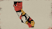 Editorial illustration of the California state outline filled with diverse illustrated faces in red, gold, and black tones, with a hand covering one face's eyes.
