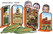 Retro postcard-style illustration reading Greetings From Iowa with politician faces peeking above the letters and corn in the foreground.