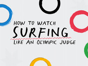 Title card with hand-lettered text reading How to Watch Surfing Like an Olympic Judge, surrounded by Olympic-ring colored circles.