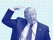 Blue-tinted editorial illustration of Donald Trump speaking at a podium with microphones, gesturing with one finger, set against a blue grid background.