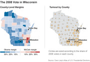 Two maps of Wisconsin showing the 2008 presidential vote: county-level margins for Obama vs McCain on the left, and voter turnout by county on the right.