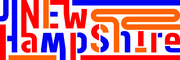 Colorful typographic illustration of the words New Hampshire in red, blue, and orange overlapping geometric letterforms.