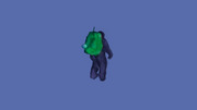 Watercolor illustration of a dark humanoid figure wearing a green backpack on a blue-purple background.