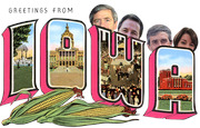 Retro postcard-style illustration reading Greetings From Iowa with political candidate faces peeking above the letters and Iowa landmarks inside them.