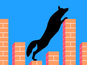 Editorial illustration of a black fox silhouette leaping over brick bar chart columns on a blue background.