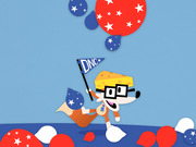 Cartoon fox mascot wearing glasses and a cheese hat holds a DNC pennant flag surrounded by red, white, and blue star-covered balloons.