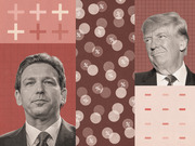 Editorial collage featuring black-and-white photos of two politicians flanking a center panel of overlapping circles with percent signs, plus signs, and minus signs on red backgrounds.