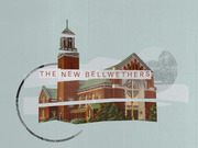 Editorial illustration featuring a vintage postcard-style brick church building with the title text 'The New Bellwethers' overlaid on a muted teal background.