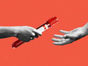 Editorial collage illustration showing one hand passing a blood test vial to an open outstretched hand against a red background.