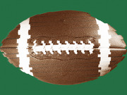 Stylized editorial illustration of an American football with a pixelated or glitched effect on its white laces and stripes, set against a green background.