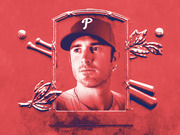 Editorial illustration of a Philadelphia Phillies baseball player framed in a decorative plaque with crossed bats, baseballs, and laurel leaves, rendered in red tones.