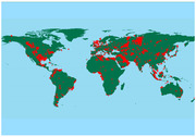 World map with green landmasses and red plus-sign markers scattered across all continents indicating locations of some phenomenon.