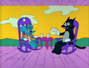 Cartoon still showing two animated animal characters sitting in rocking chairs on a porch, sharing drinks at a small table.