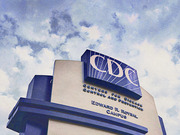 Stylized blue-tinted illustration of the CDC headquarters building showing the CDC logo and Edward R. Roybal Campus sign against a cloudy sky.