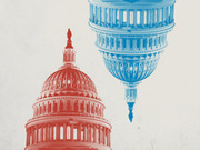 Editorial illustration showing two U.S. Capitol domes colored red and blue, with one upright and one inverted, symbolizing political division.