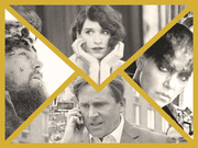Editorial collage of black-and-white movie stills arranged in triangular sections with a gold X and border frame, featuring four film scenes.