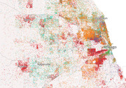 Dot density map of the Chicago metropolitan area showing racial and ethnic distribution with colored dots representing different demographic groups across cities including Chicago, Evanston, Elgin, Aurora, and Naperville.